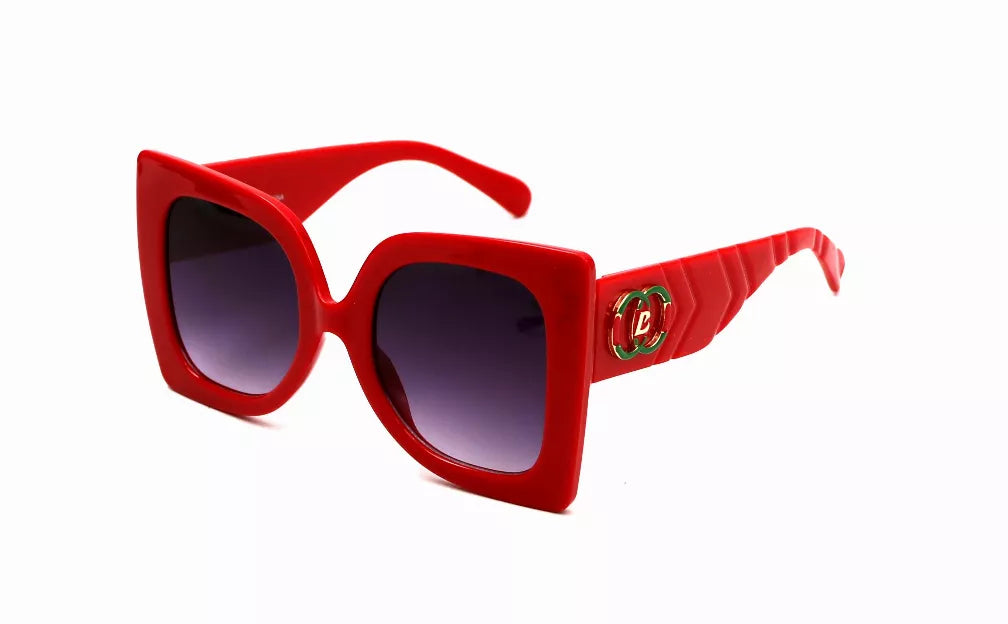 Red square sunglasses with dark lenses and ridged temple arms.