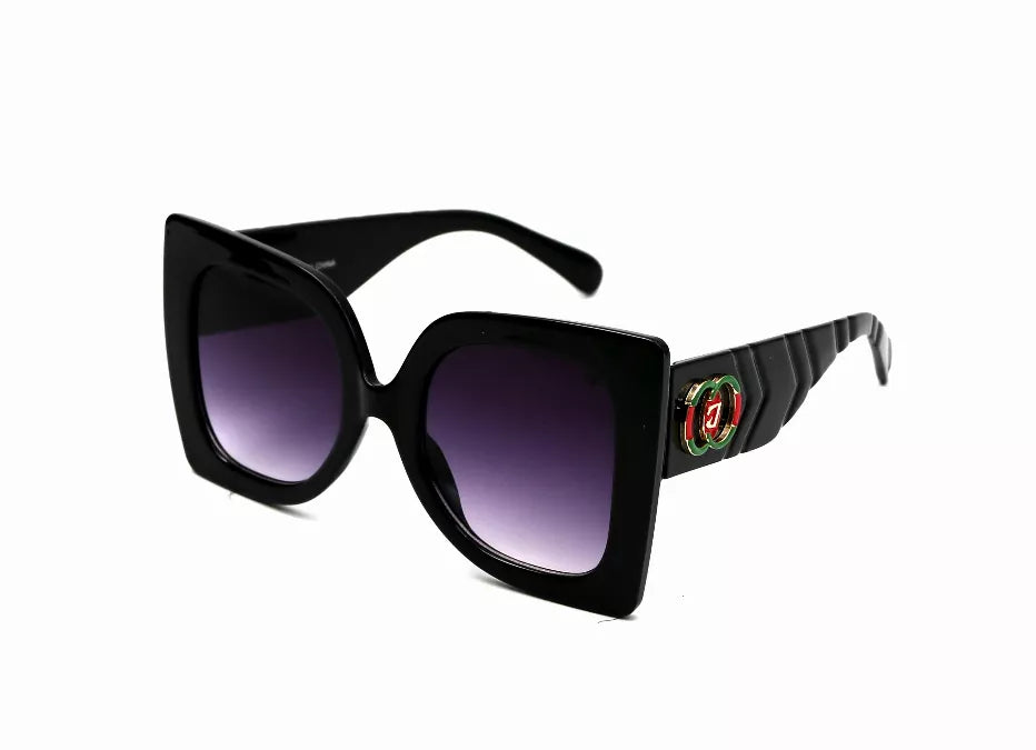 Black square sunglasses with dark lenses and ridged temple arms.