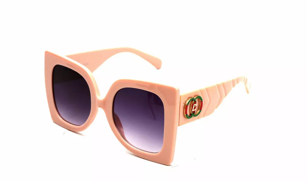 Peach square sunglasses with purple-tinted lenses and ridged temple arms.