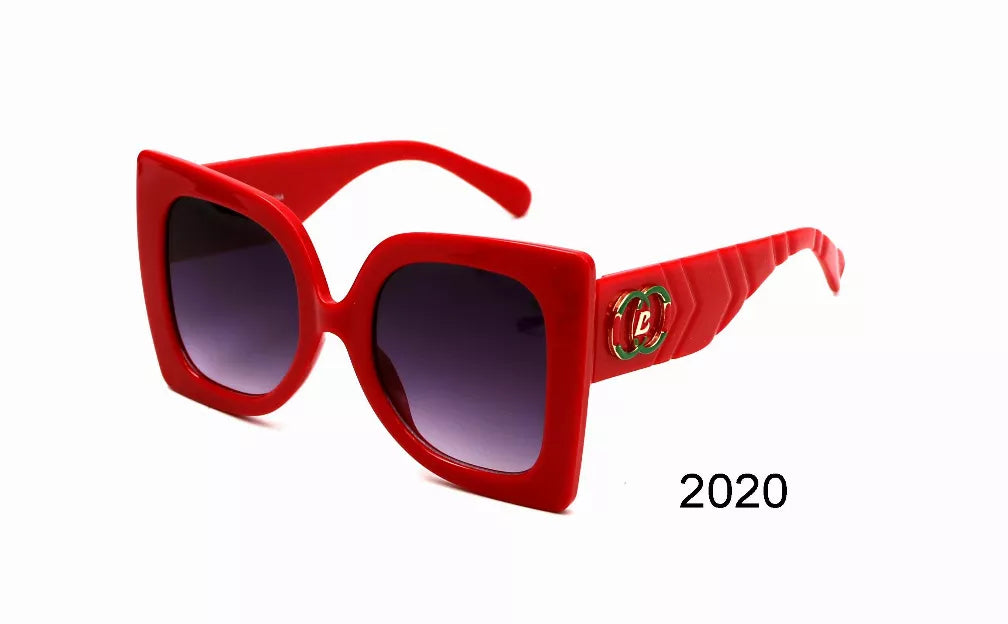 Red square sunglasses with dark lenses and ridged temple arms.