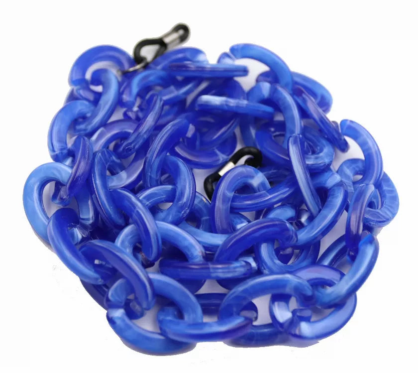 Sunglasses chain strap, bright blue linked chain with clasp end