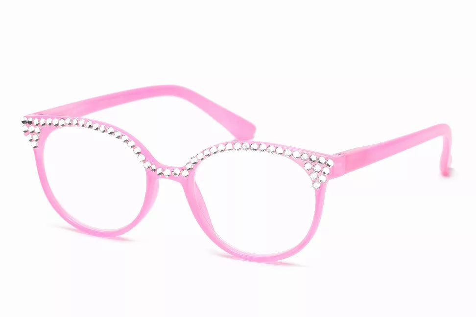 Pink reading glasses with round frames and rhinestone detailing along the rims