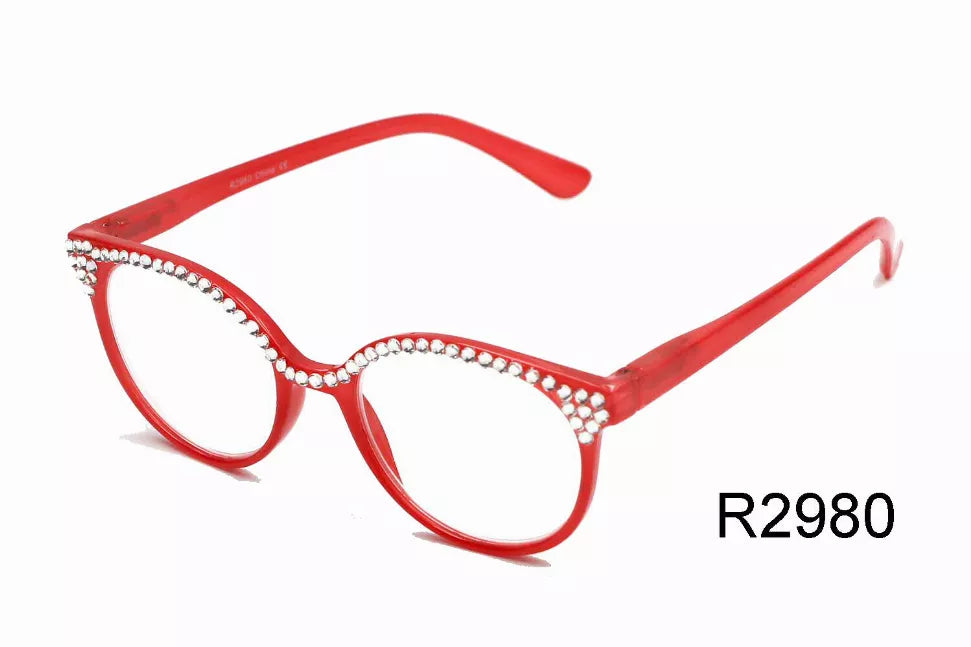 Red reading glasses with round frames and rhinestone rim detail