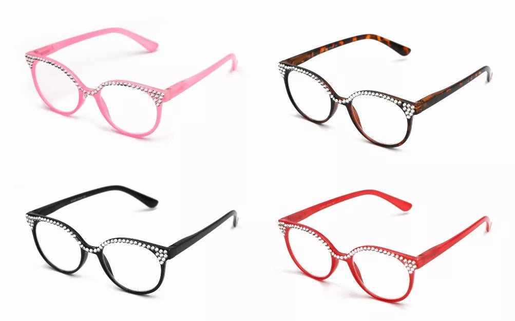 Assorted reading glasses in pink, black, and red with rhinestone-accented round frames