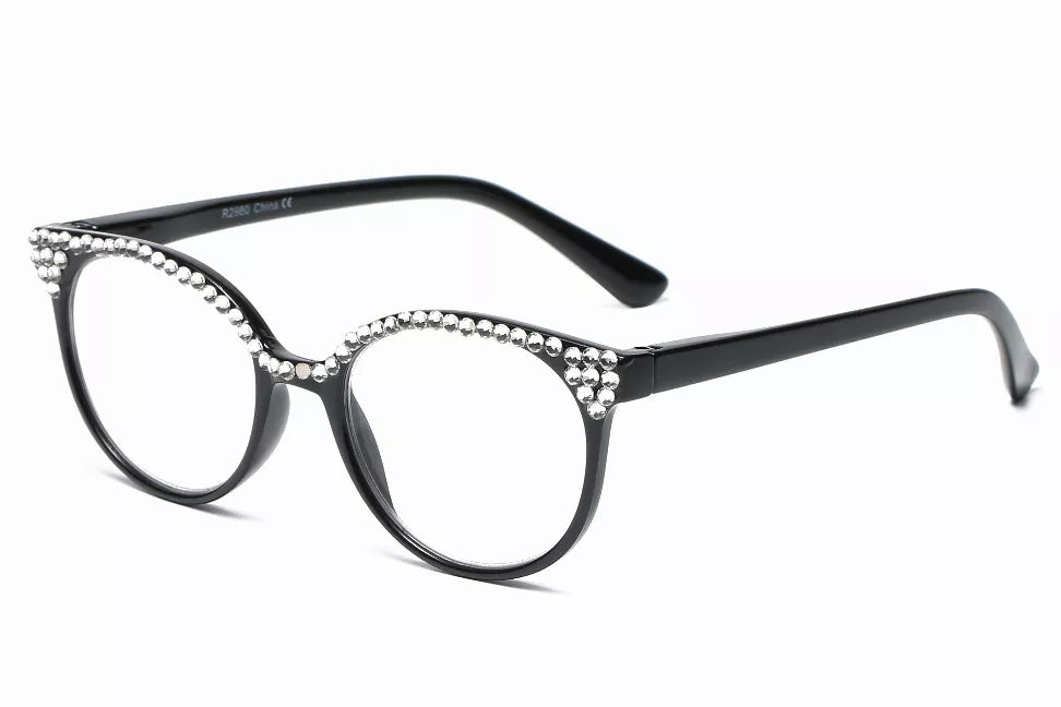 Black reading glasses with round frames and rhinestone detailing along the upper rim