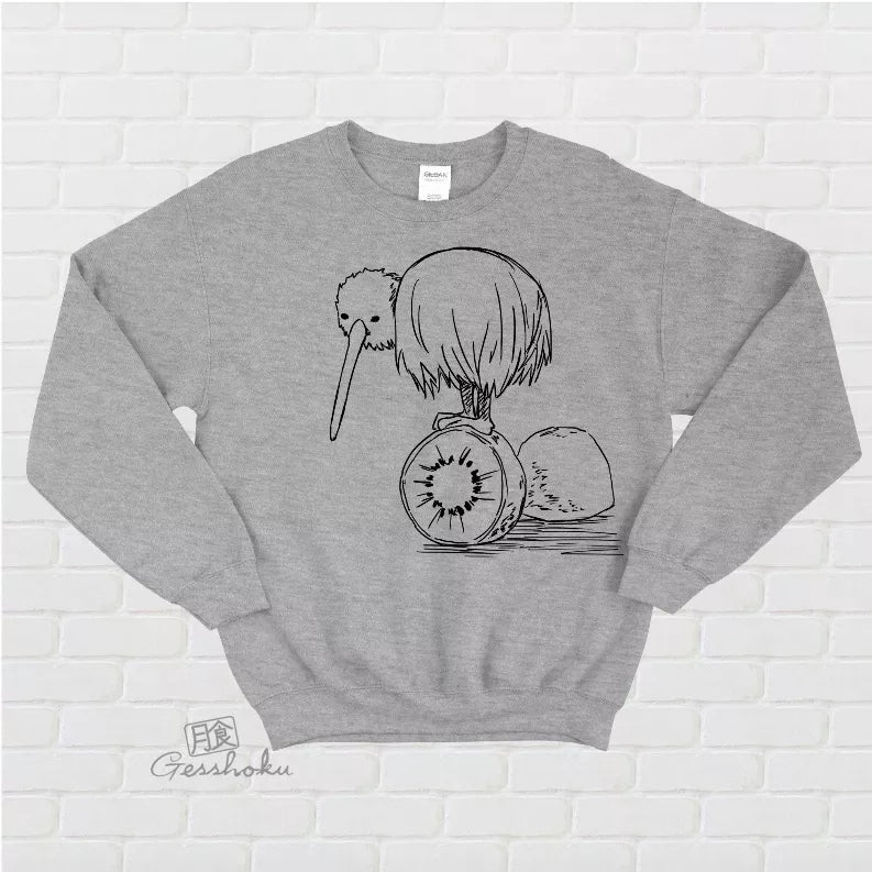 Heather gray crewneck fleece sweatshirt with large kiwi bird graphic on chest