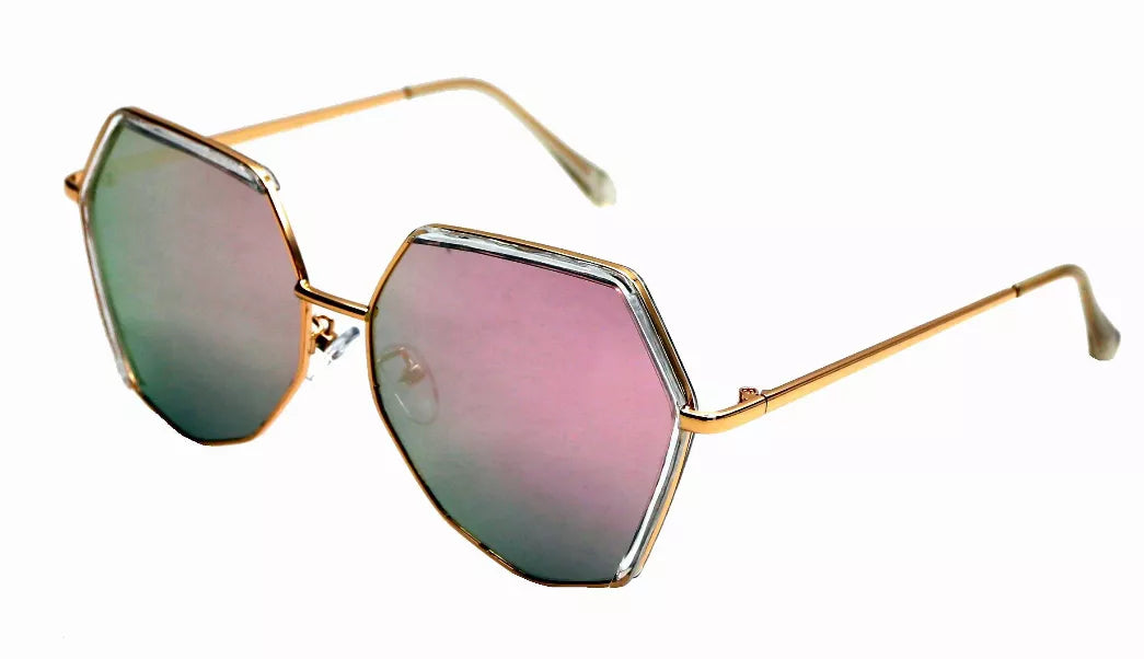 Octagonal sunglasses with pink-to-green gradient lenses and gold-tone frames