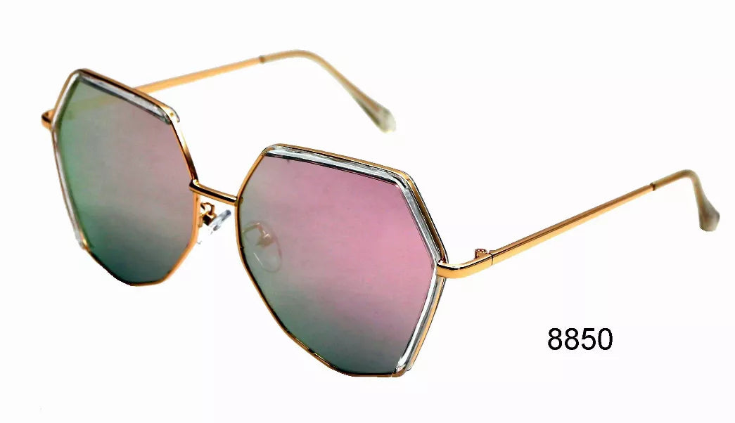 Octagonal sunglasses with pink-to-green gradient lenses and gold-tone metal frames
