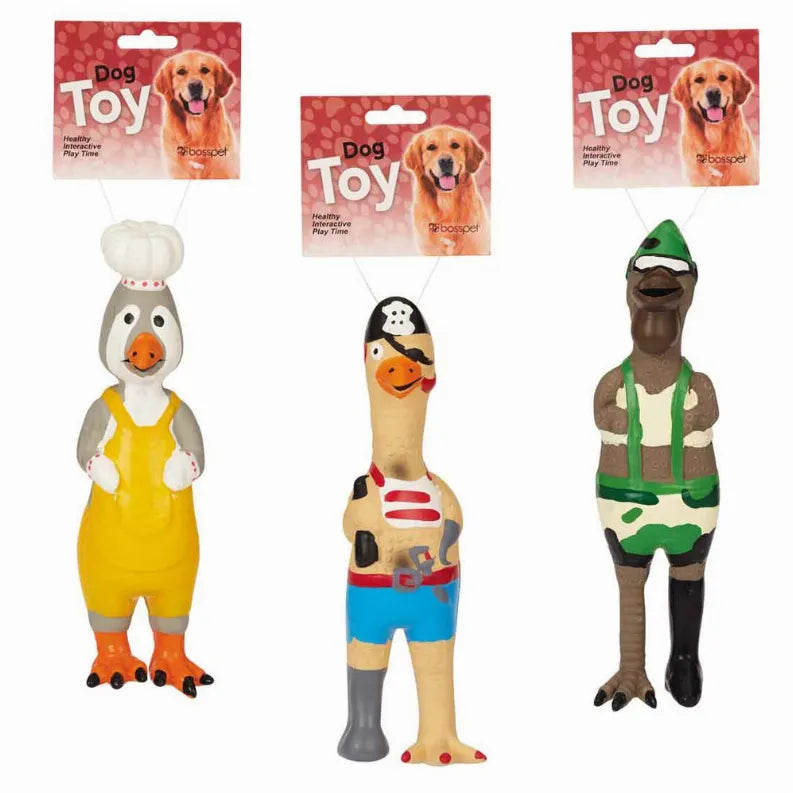 Latex Henriettas dog toy figures: duck, clown, and dressed dog.