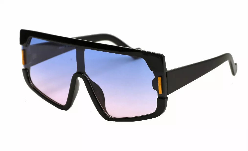 Black square sunglasses with pink-blue gradient lenses and gold-tone hinge details