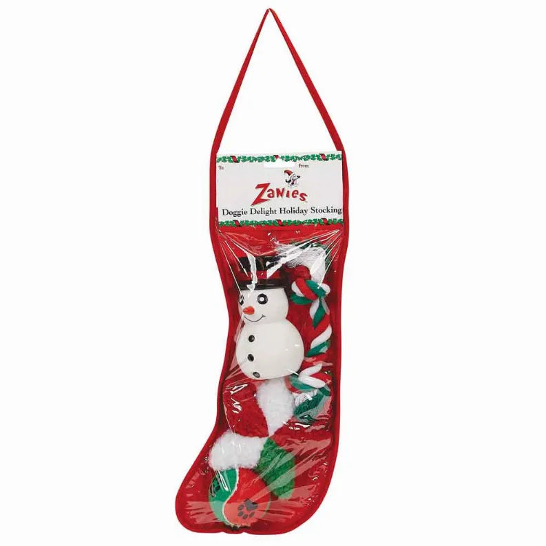 Red holiday dog stocking with Zanies label, snowman dog graphic, green scarf, hanging loop
