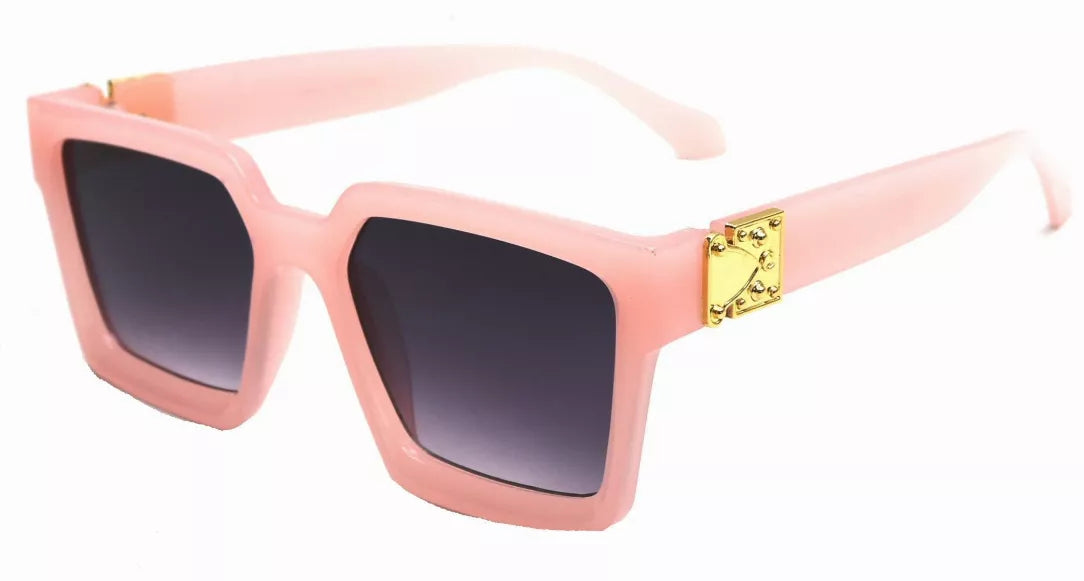 Light pink square sunglasses with dark lenses and gold logo bridge detail.