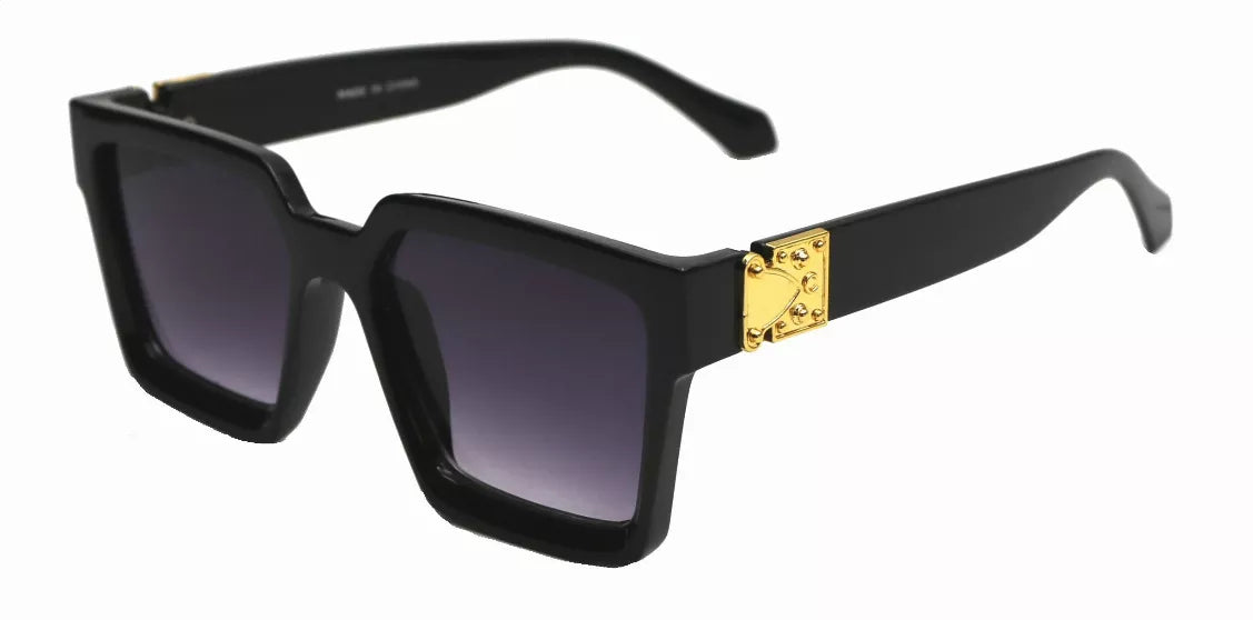 Black square sunglasses with dark tinted lenses and gold logo bridge detail.