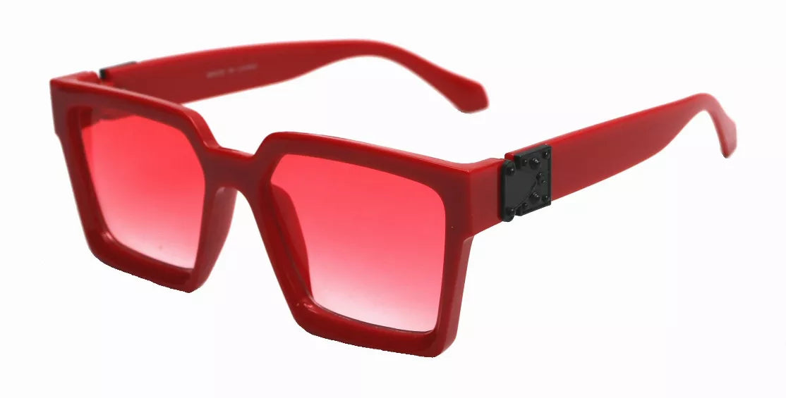 Red square sunglasses with red tinted lenses and matching red temples.