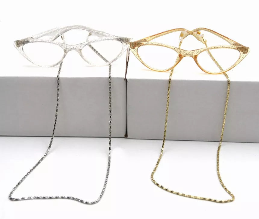 Eyeglasses holder chains with metal frames, one silver and one gold