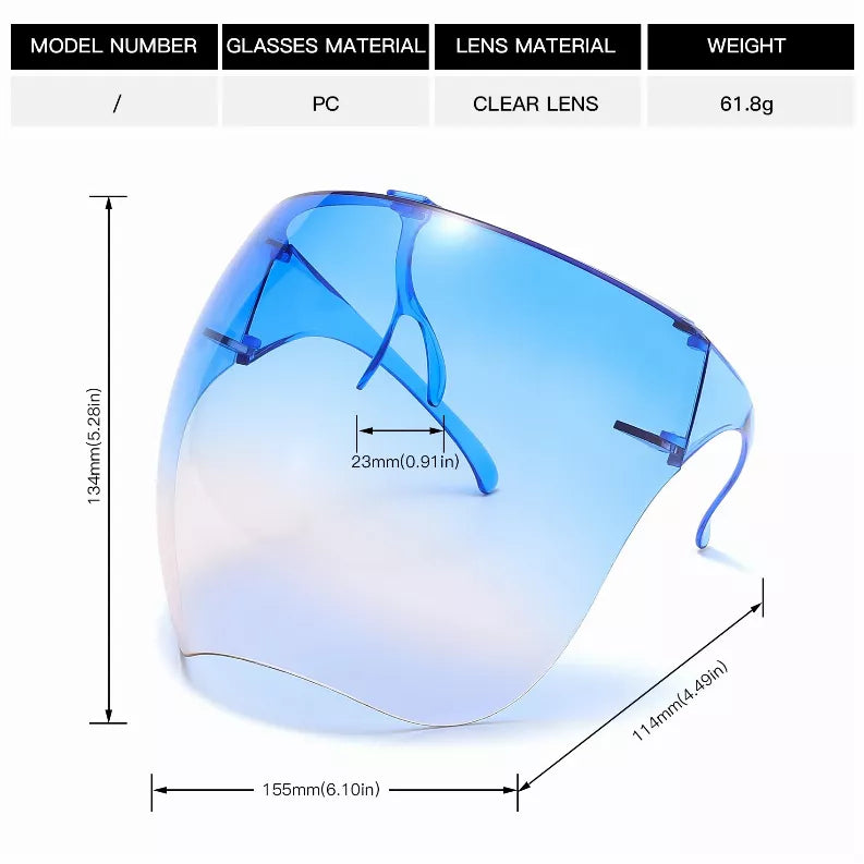 Blue protective sunglasses with clear blue shield lens and curved frame