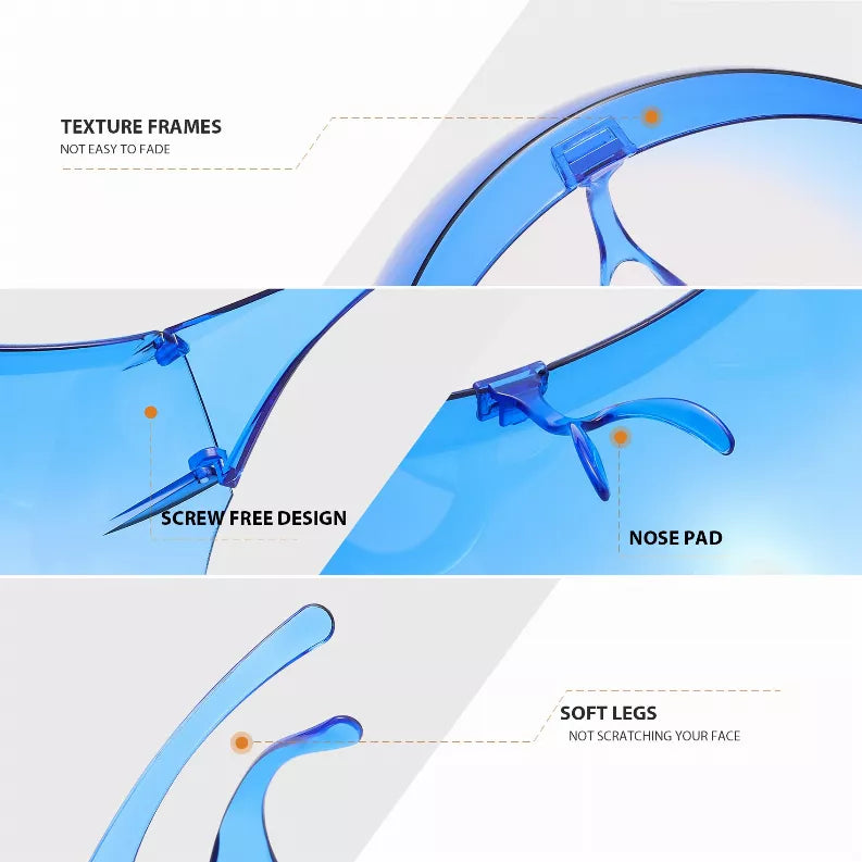 Blue protective sunglasses with screw-free design, nose pad, and soft legs