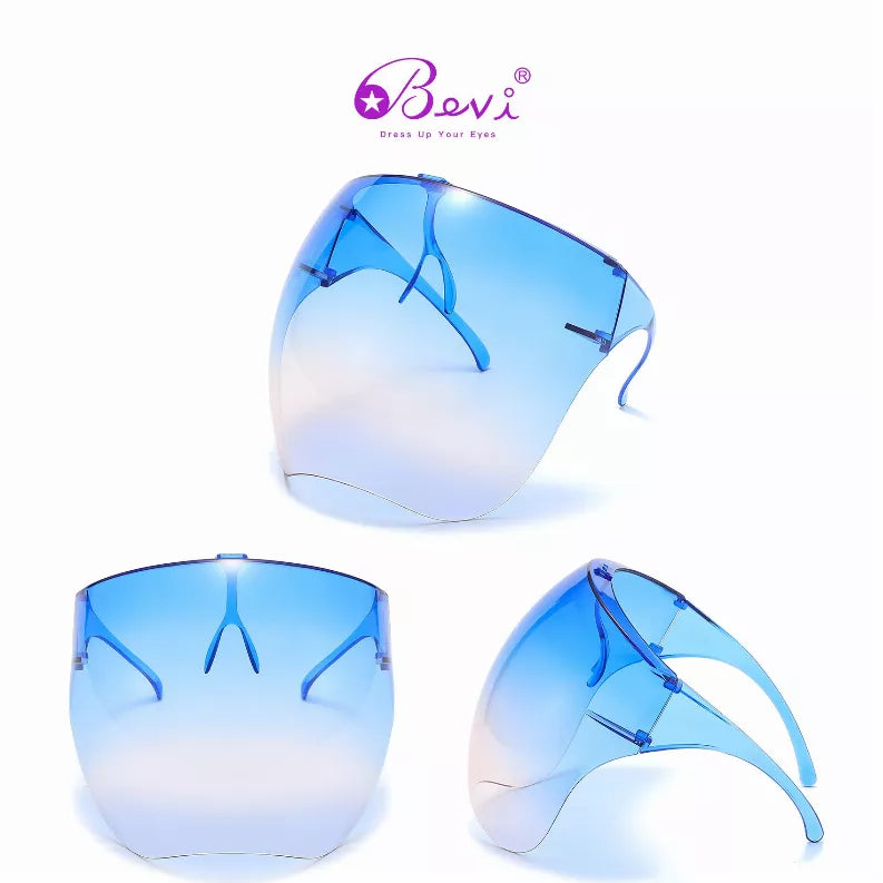 Blue protective sunglasses with clear shield lens shown from front and side views