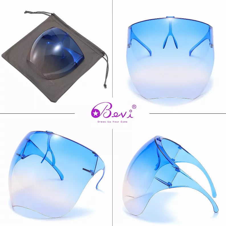 Blue shield sunglasses with drawstring pouch; front and side views shown