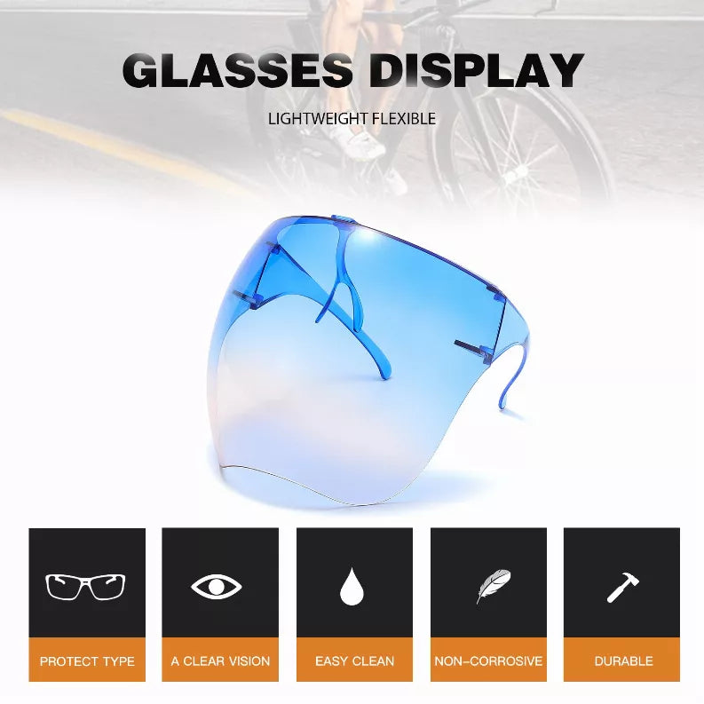 Protective sunglasses with blue tinted shield lens and flexible-looking temples