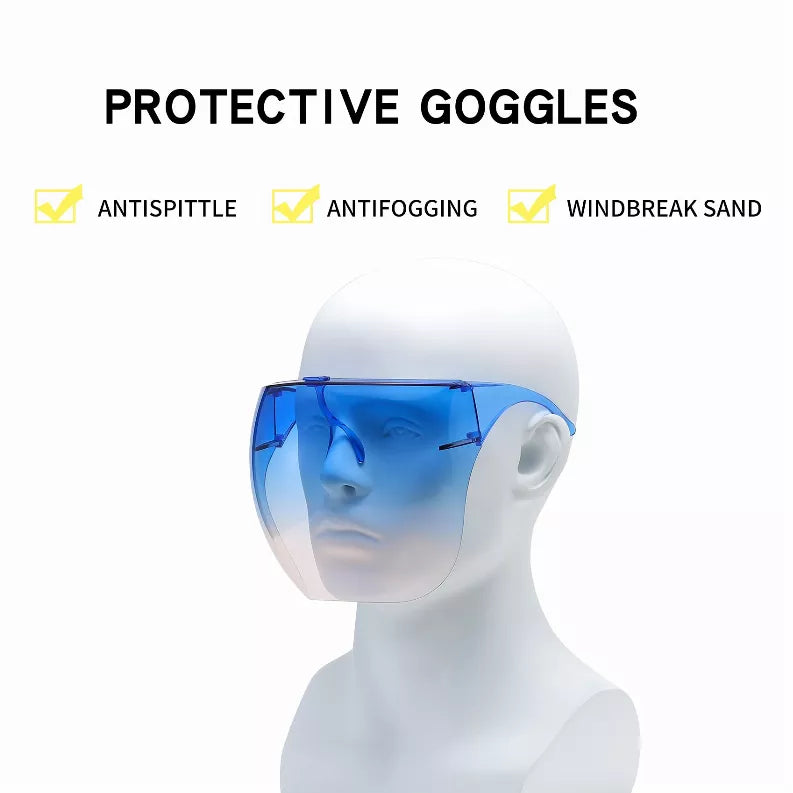 Protective blue-tinted goggles with anti-fog, anti-spittle, and windbreak features