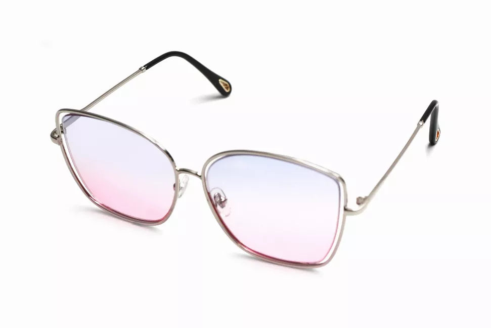 Sunglasses with pink tinted lenses, silver metal frame, black temples.