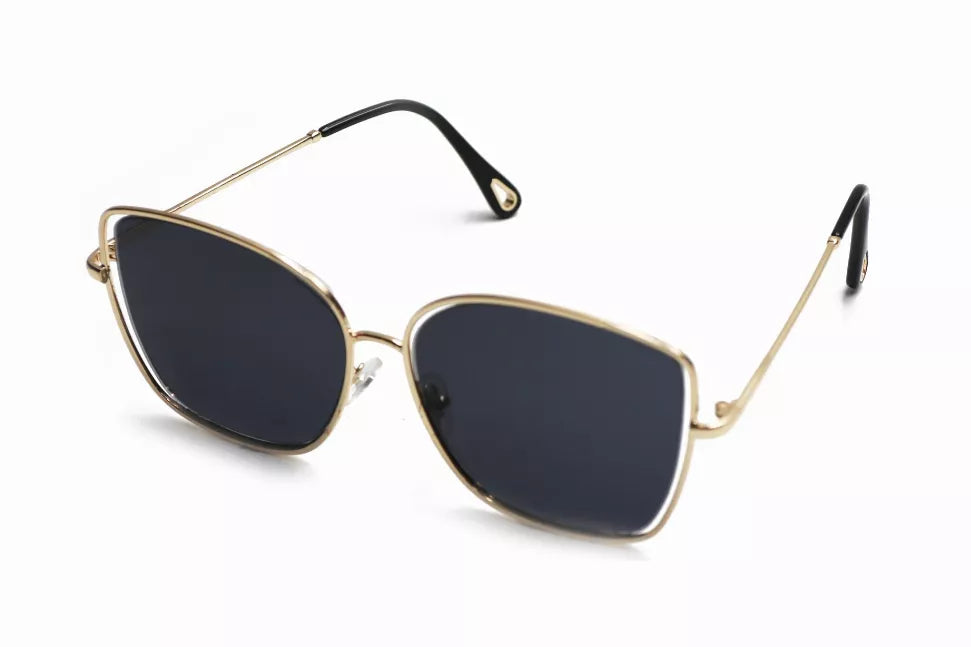 Sunglasses with dark tinted lenses, silver metal frame, black temples.