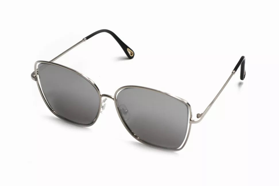 Sunglasses with gray tinted lenses, silver metal frame, black temples.