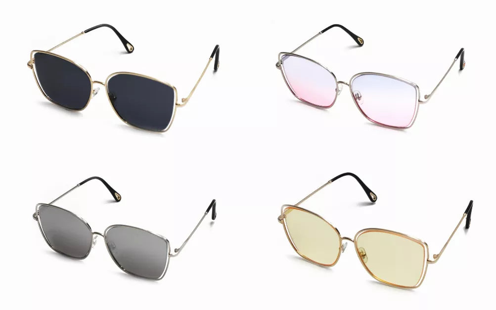 Assorted sunglasses set with dark, pink, gray, and pale yellow tinted lenses.