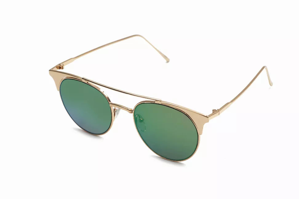 Gold-tone sunglasses with green mirrored lenses and slim metal frame