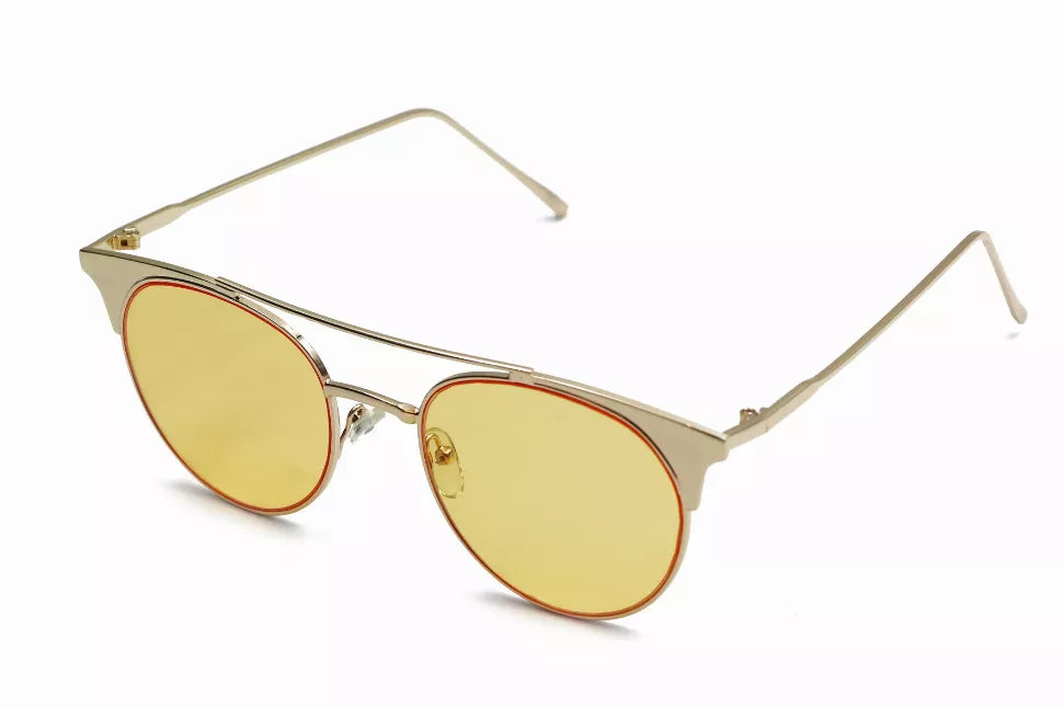 Gold-tone sunglasses with amber-yellow lenses and slim metal frame