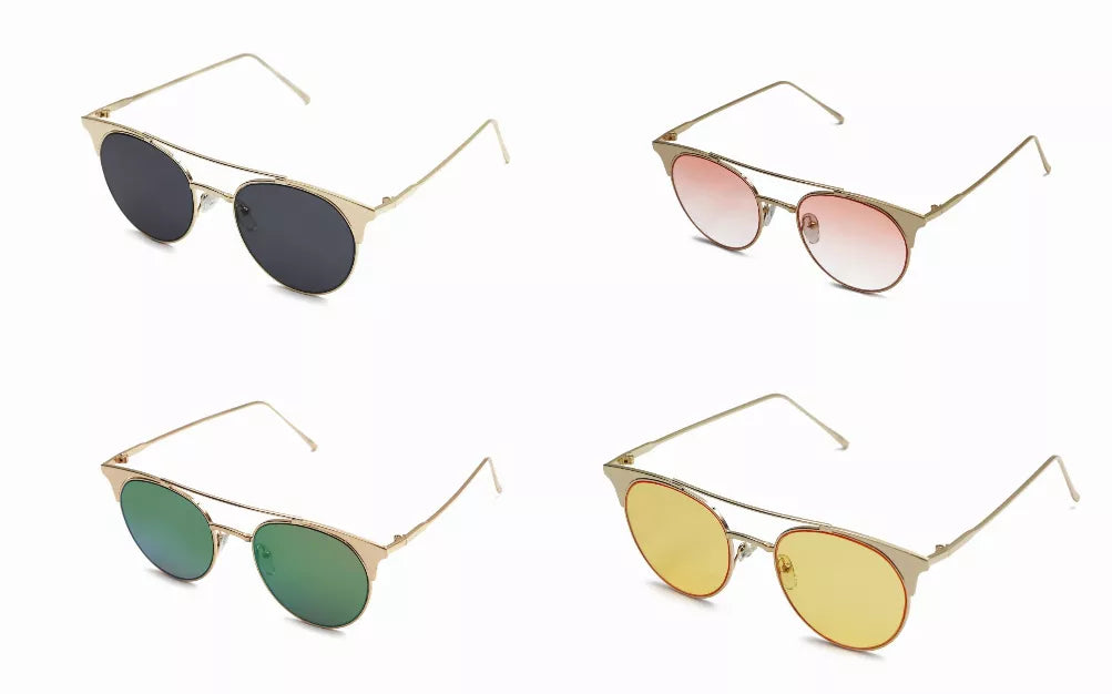 Assorted gold-tone sunglasses set with dark, green, pink, and yellow lenses