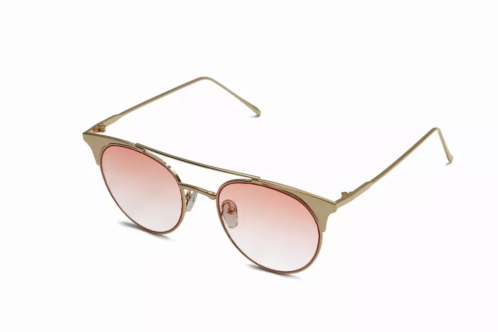 Gold-tone sunglasses with pink tinted lenses and slim metal frame
