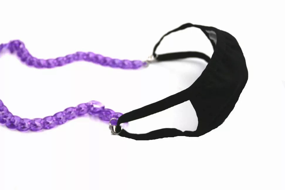 Purple beaded sunglasses chain with metal clasp and black adjustment loop
