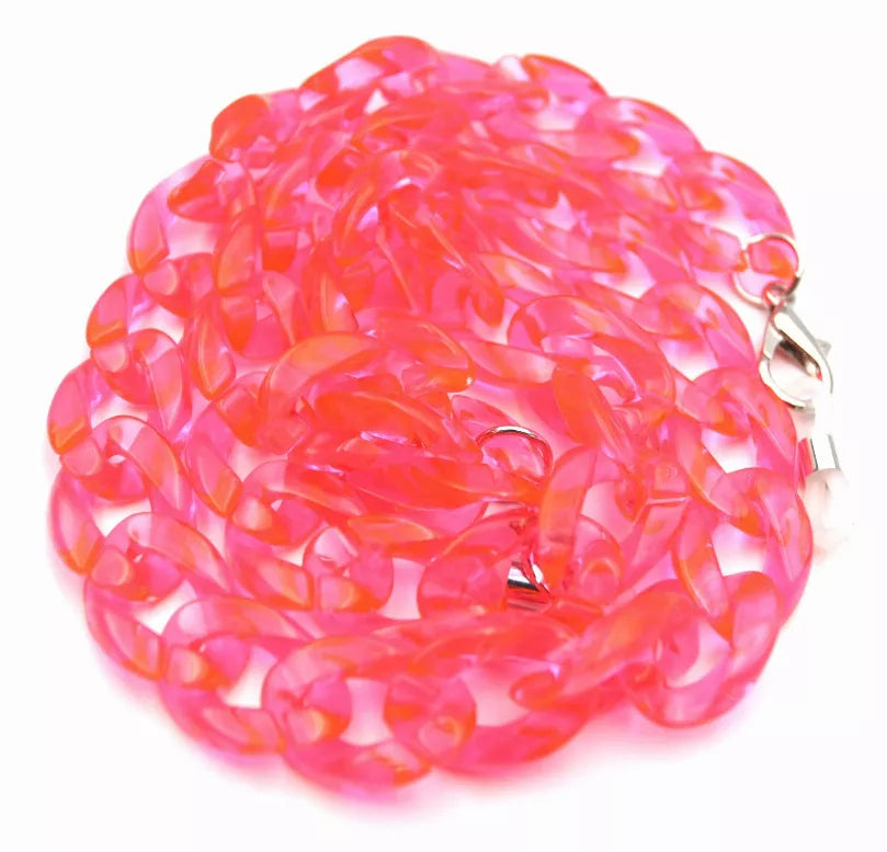 Red-pink translucent beaded sunglasses chain with metal clasp and white end tip
