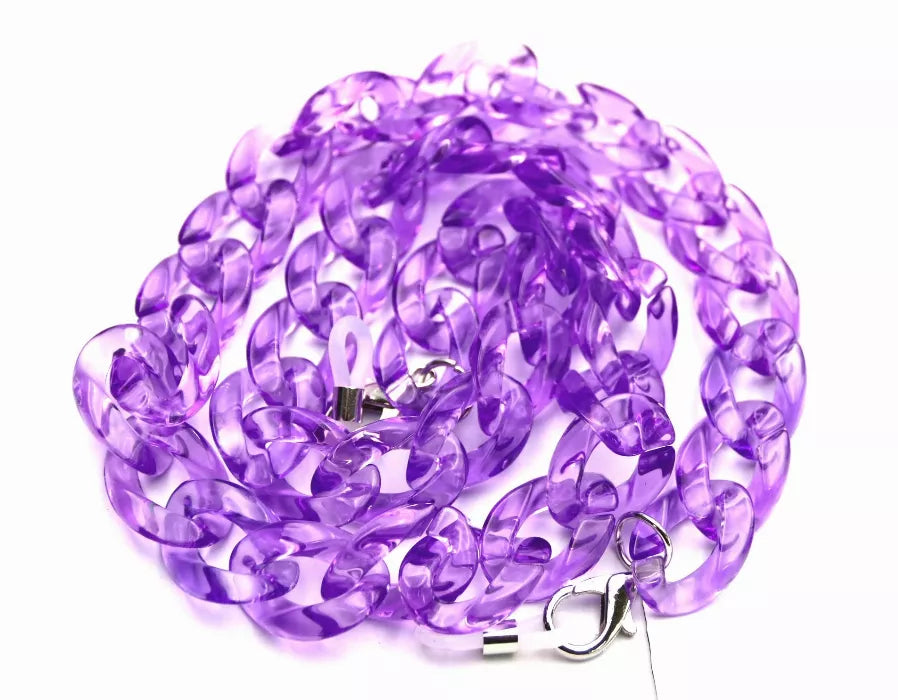Purple translucent beaded sunglasses chain with metal clasps and white end tips