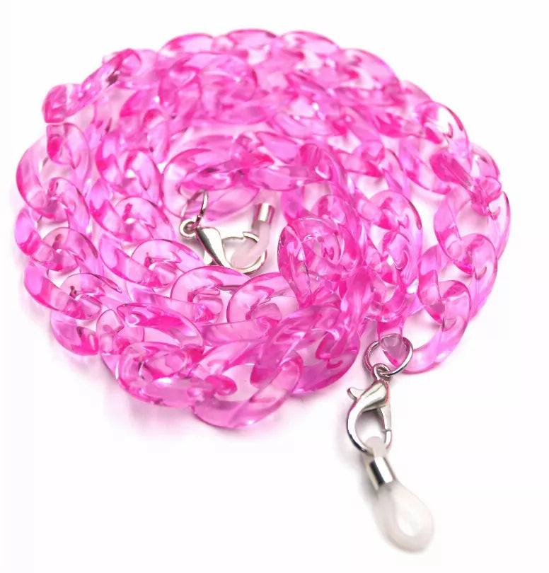Hot pink translucent beaded sunglasses chain with metal clasps and end clip