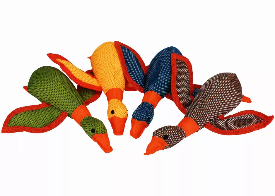 Assorted plush duck toys with textured fabric in orange, red, blue, green