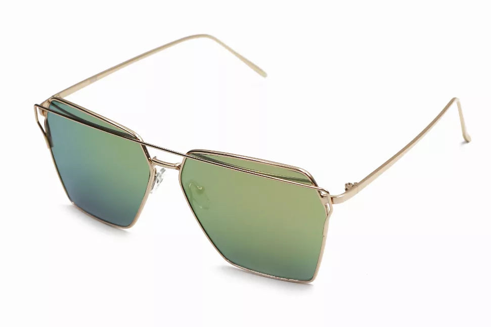 Metal-frame sunglasses with green tinted lenses, angular aviator style.