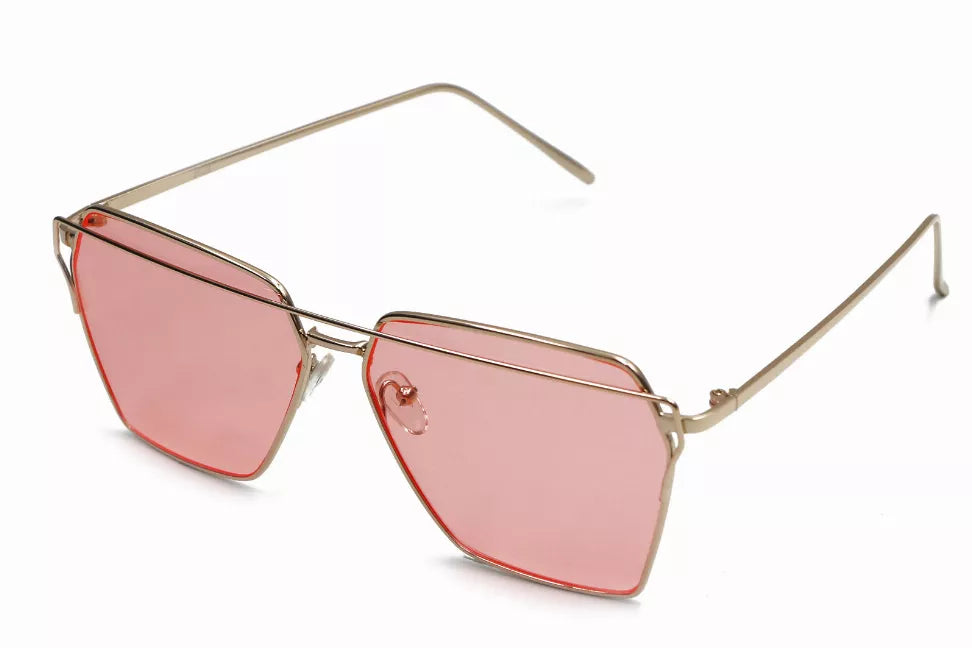 Metal-frame sunglasses with pink tinted lenses, angular aviator style.