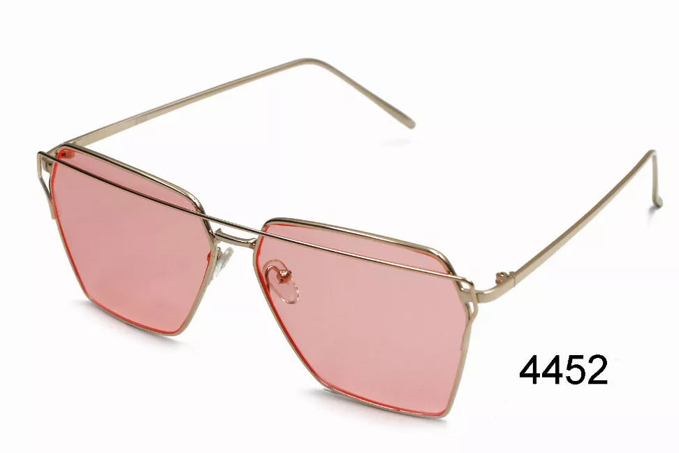 Metal-frame sunglasses with rose-pink tinted lenses, angular aviator style.