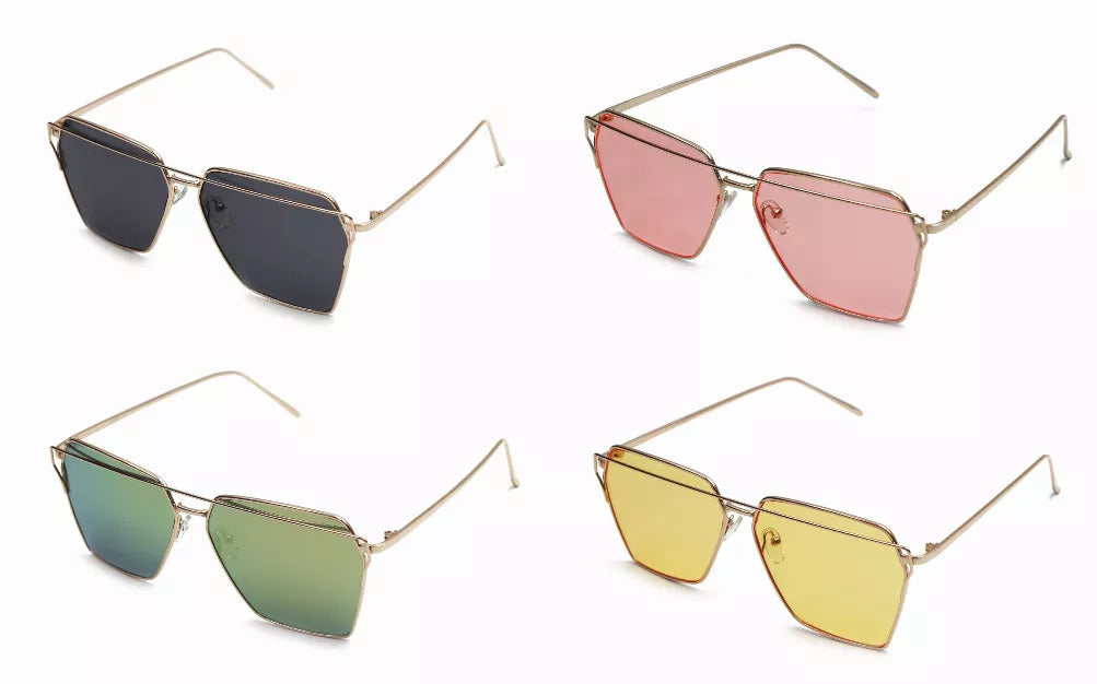 Assorted metal-frame sunglasses with green, yellow, and pink tinted lenses.