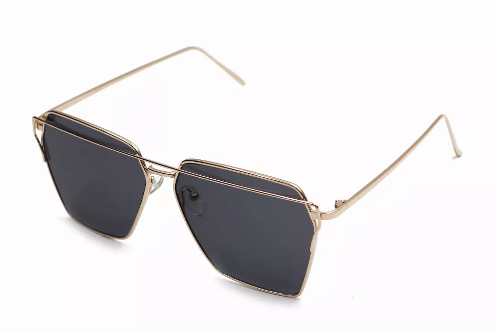 Metal-frame sunglasses with dark tinted lenses, angular aviator style.