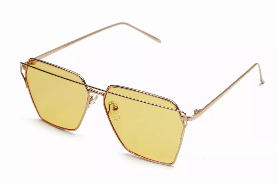 Metal-frame sunglasses with yellow tinted lenses, angular aviator style.