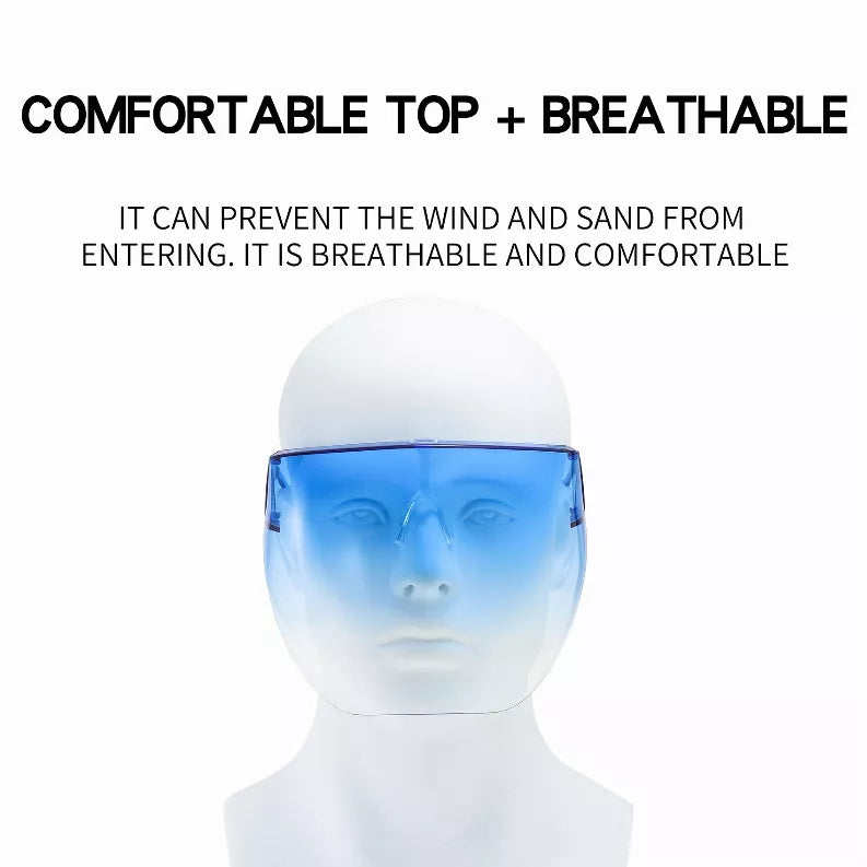 Blue tinted wraparound sunglasses with clear frame on a mannequin head