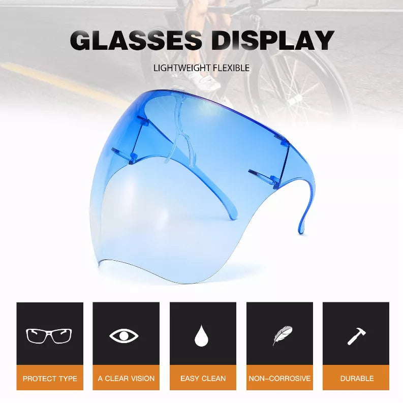 Blue tinted visor sunglasses with flexible frame and slim clear arms