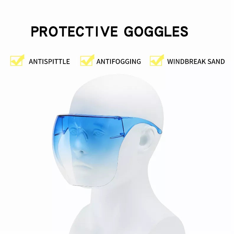 Protective blue tinted wraparound sunglasses on a mannequin head, side view