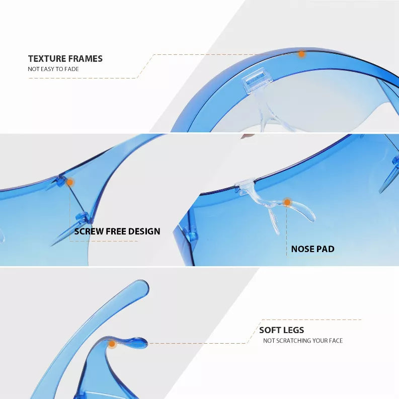 Blue frame wraparound sunglasses with nose pad and soft flexible legs