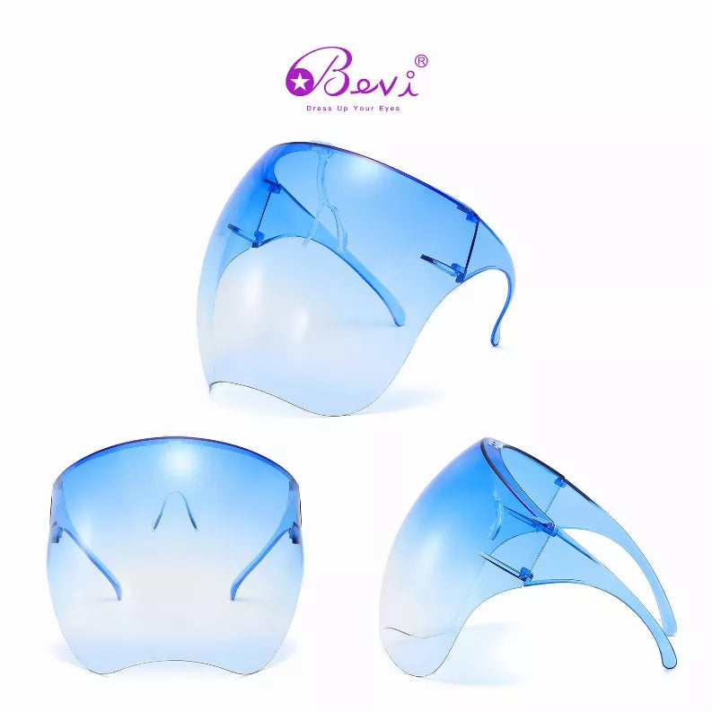 Blue-tinted shield sunglasses with thin clear arms, shown in multiple angles