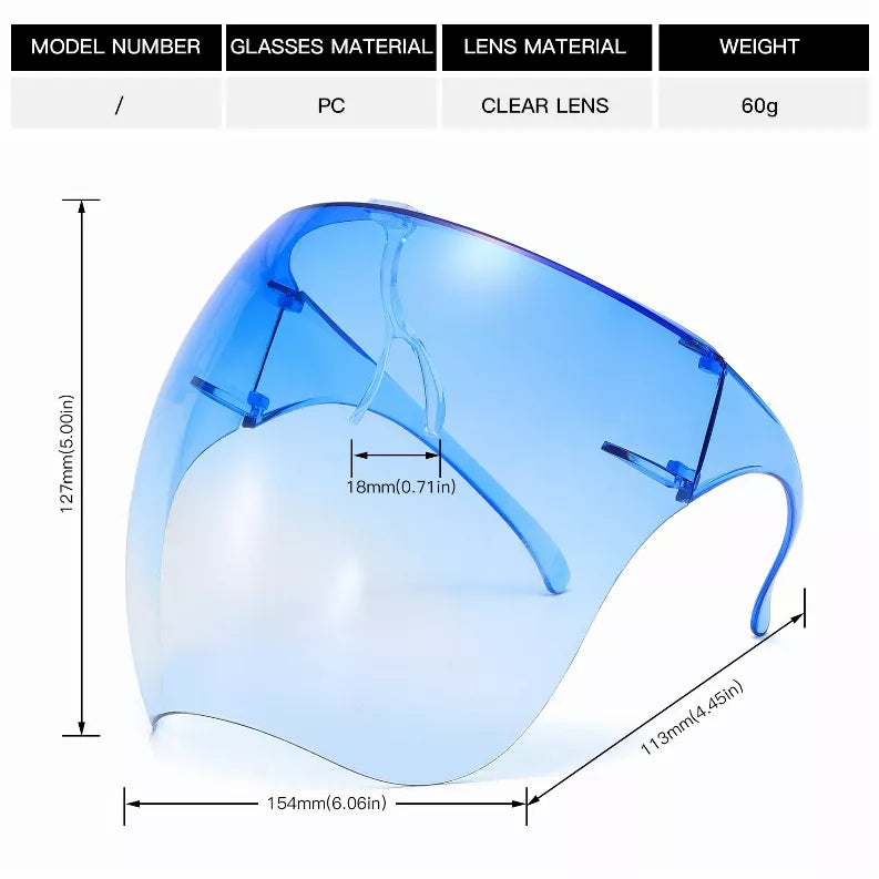 Blue tinted visor sunglasses with clear frame and slim side arms